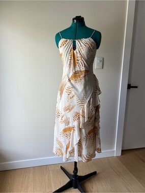 Banana Republic Cream and Mustard Print Ruffle Midi Dress